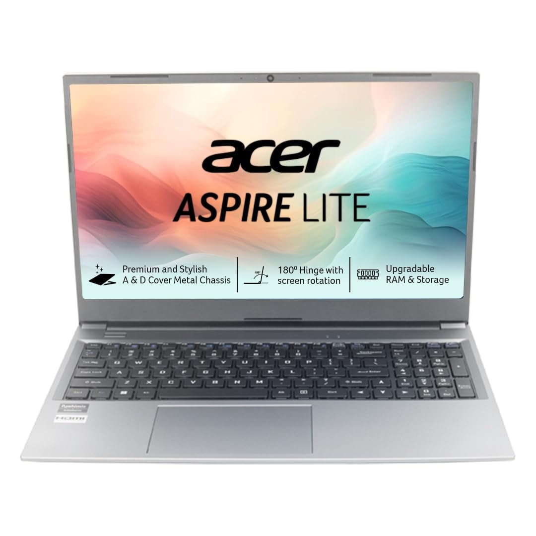 Acer Aspire Lite AL15-41 steel gray laptop, open, 15.6-inch screen