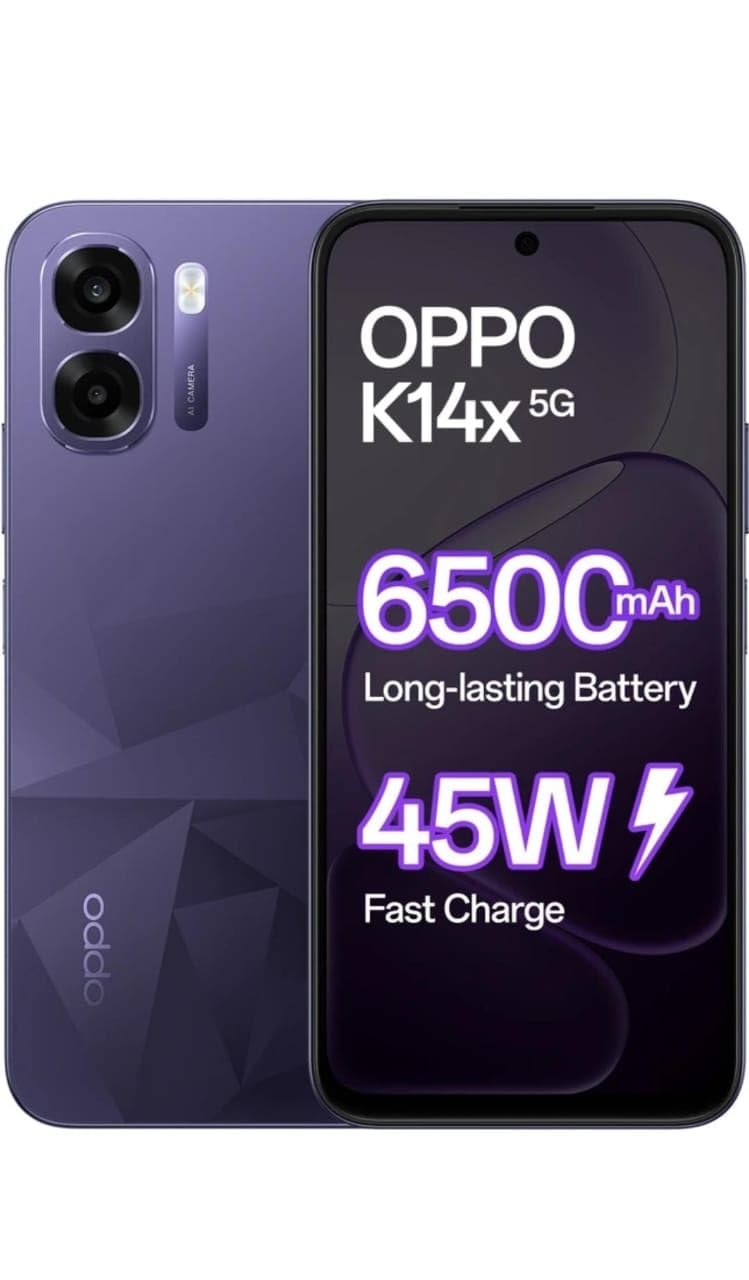 OPPO K14x 5G (Prism Violet, 6GB RAM, 128GB Storage) | 6500mAh Battery and 45W Fast Charging | 5G Connectivity and Large Display | AI Camera with Dual SIM | Android Smartphone