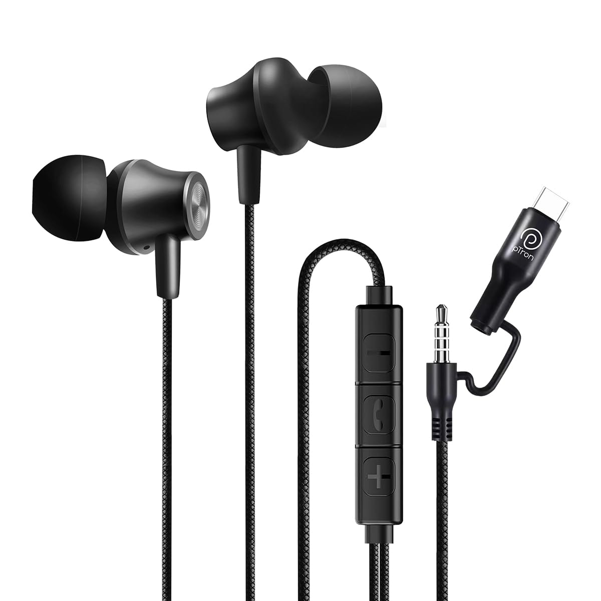 pTron Boom Play X5 in-Ear Wired Earphones w/Type-C & 3.5mm Aux Connectors, 10mm Drivers for Pristine Sound, HD Mic for Clear Calls, in-line Controls,1.2m Tangle-Free Cable & Wide Compatibility (Onyx)