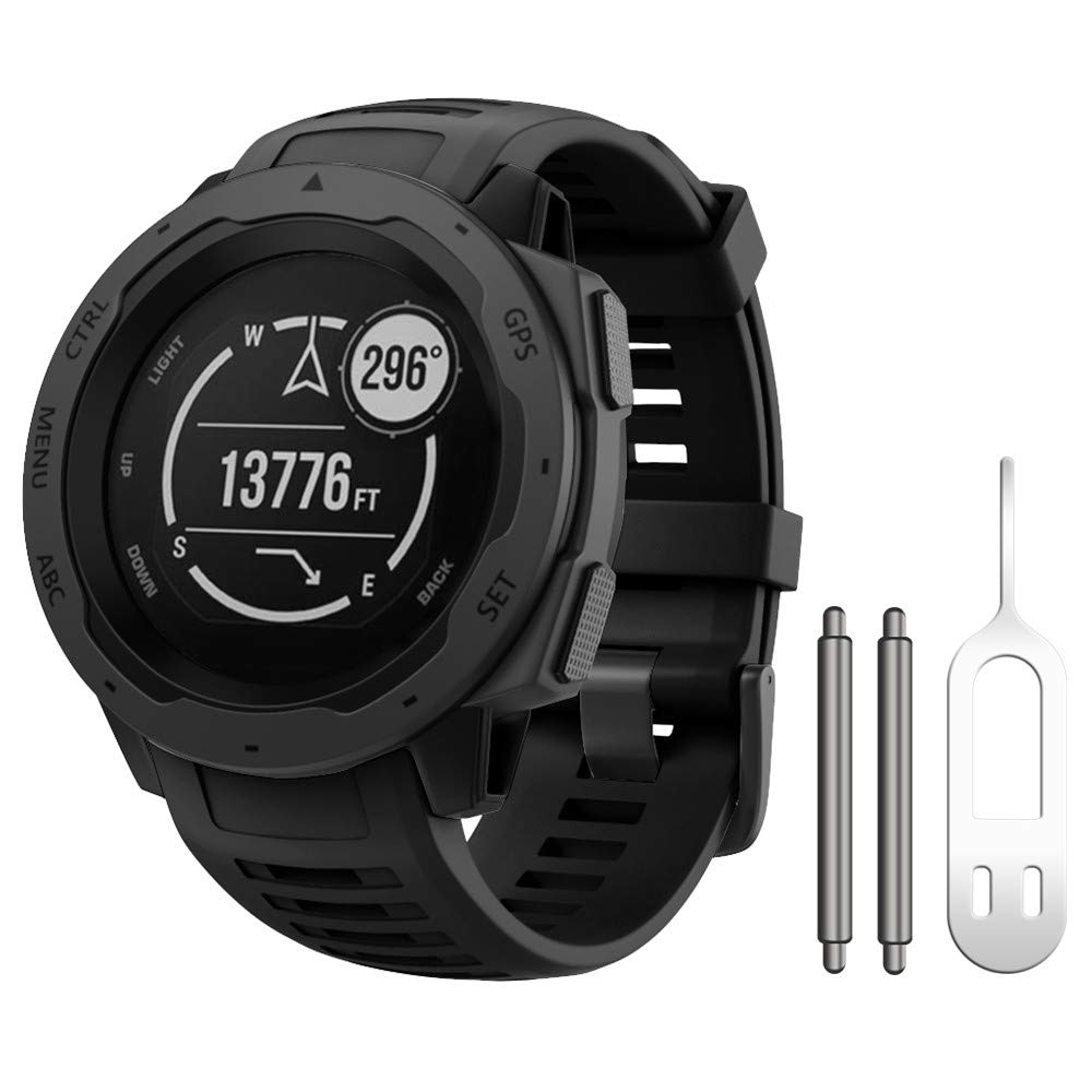 NotoCity Instinct Band, Soft Silicone Replacement Watch Strap For Garmin Instinct/Instinct 2/Instinct 2 Solar Sports GPS Smartwatch With Adapter Tools, 5.2 Inch To 8.8 Inch, Silicone, 20 Mm, Black