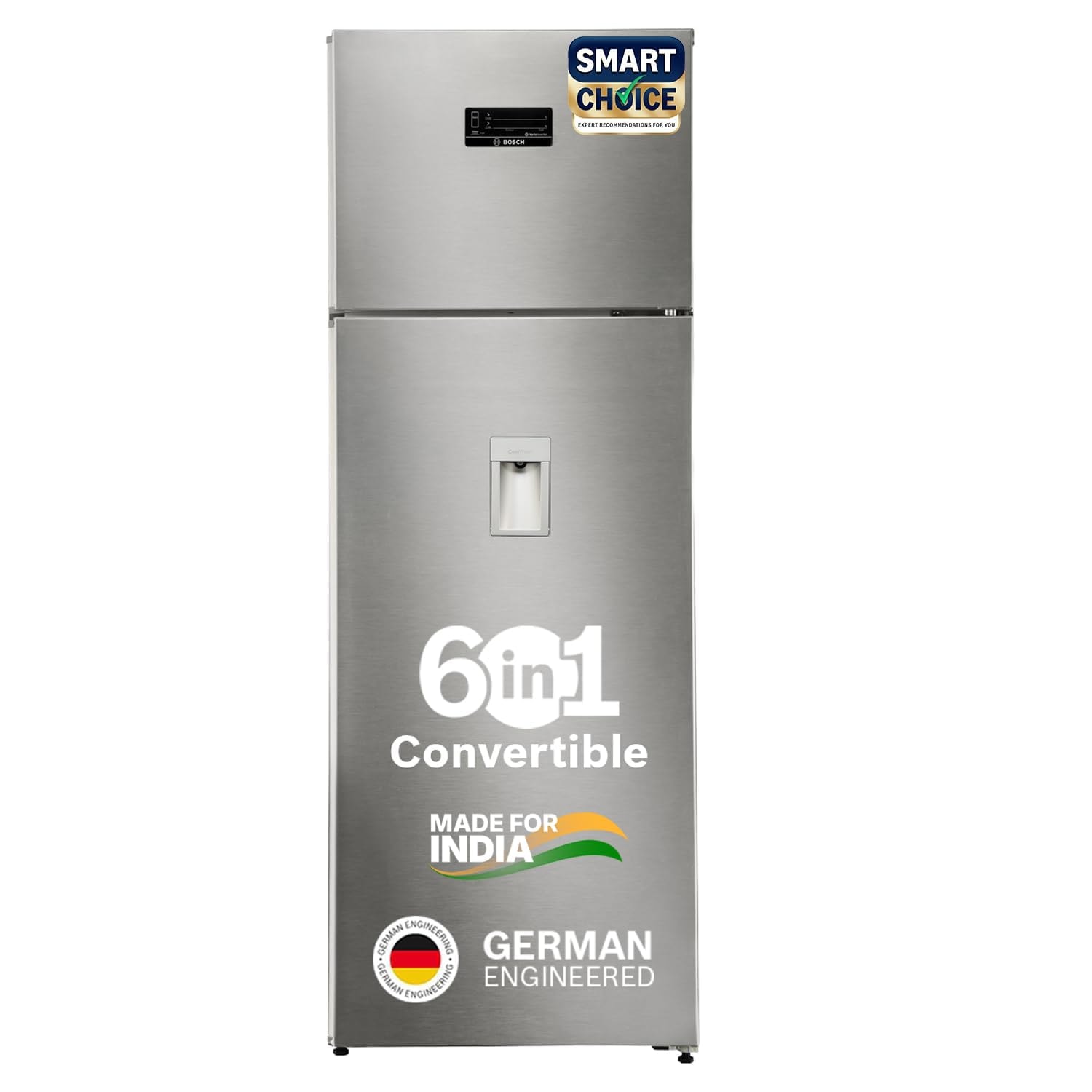 Bosch Smart Choice 368L, 2 Star, Frost Free Double Door Refrigerator with 2.5 L Water Dispenser | 6-in-1 Convertible Storage Modes|VitaFresh |Touch Panel | 2 Cooling System |(CTC39S22AI, Silver, 2026)