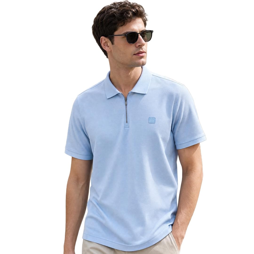 NOBERO Travel Zip Polo T-Shirt for Men | Travel Zip Polos for Men in 240 GSM Cotton-Lycra Piqué | Collar Polos with Gunmetal Zipper | Anti-Stain & Anti-Odor