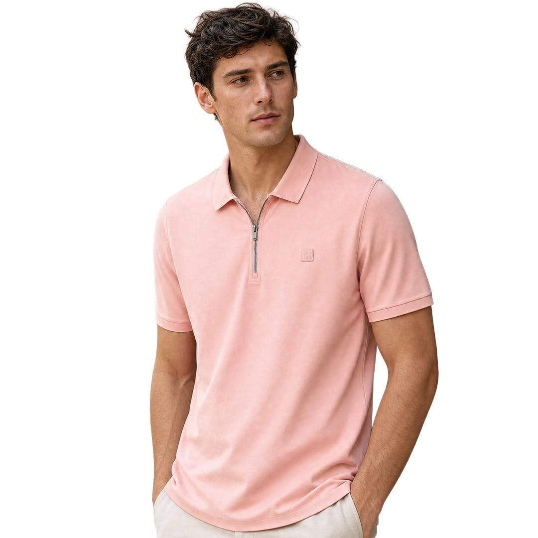 NOBERO Travel Zip Polo T-Shirt for Men | Travel Zip Polos for Men in 240 GSM Cotton-Lycra Piqué | Collar Polos with Gunmetal Zipper | Anti-Stain & Anti-Odor