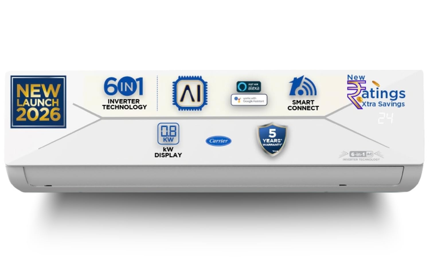 Carrier 1.5 Ton 3 Star Wi-Fi Smart Flexicool Inverter Split AC (Copper, Convertible 6-in-1 with Wi-Fi with Geo-Fencing, Smart Energy Display, New BEE rated, CAI18CE3R36W0/CAI18CE3R36W1, White)