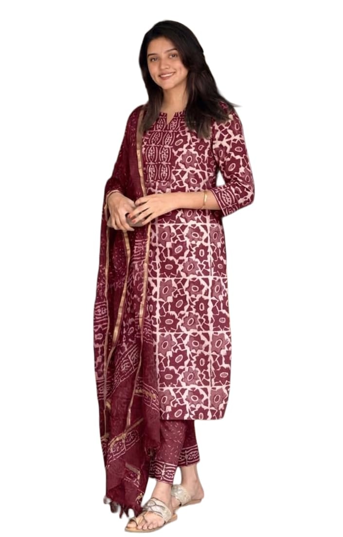 KLOSIA Women's Printed Straight Kurta and Pant with Dupatta Set