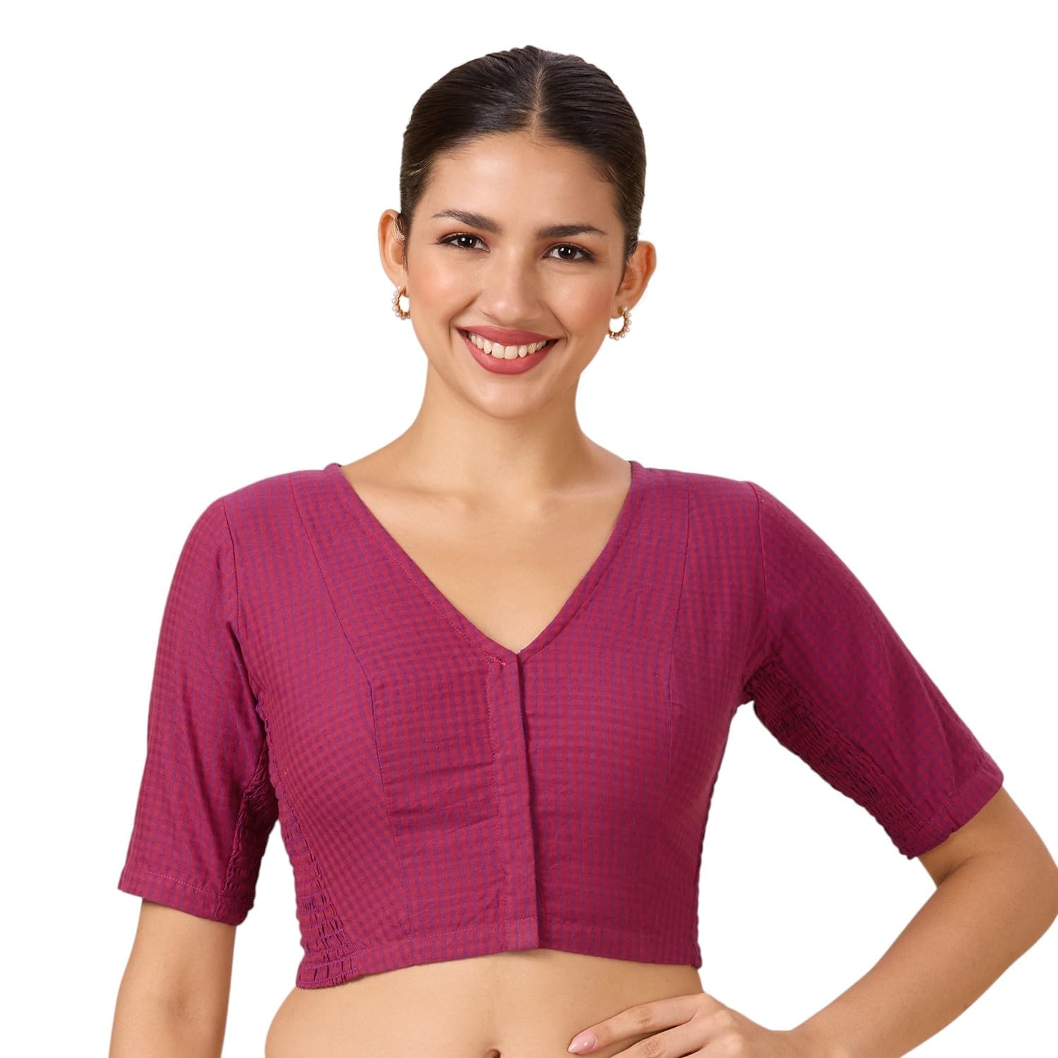 Studio Shringaar Women Cotton Half Sleeve Madras Checks Saree Blouse with Stretchable Sides
