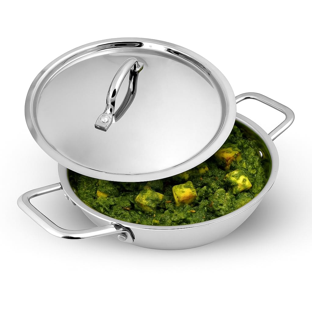 LiMETRO STEEL Premium Series Triply Stainless Steel Kadai with Lid 1.5 Liter (20 CM) | Flat Bottom Induction Kadhai | Triply Steel kadai | S