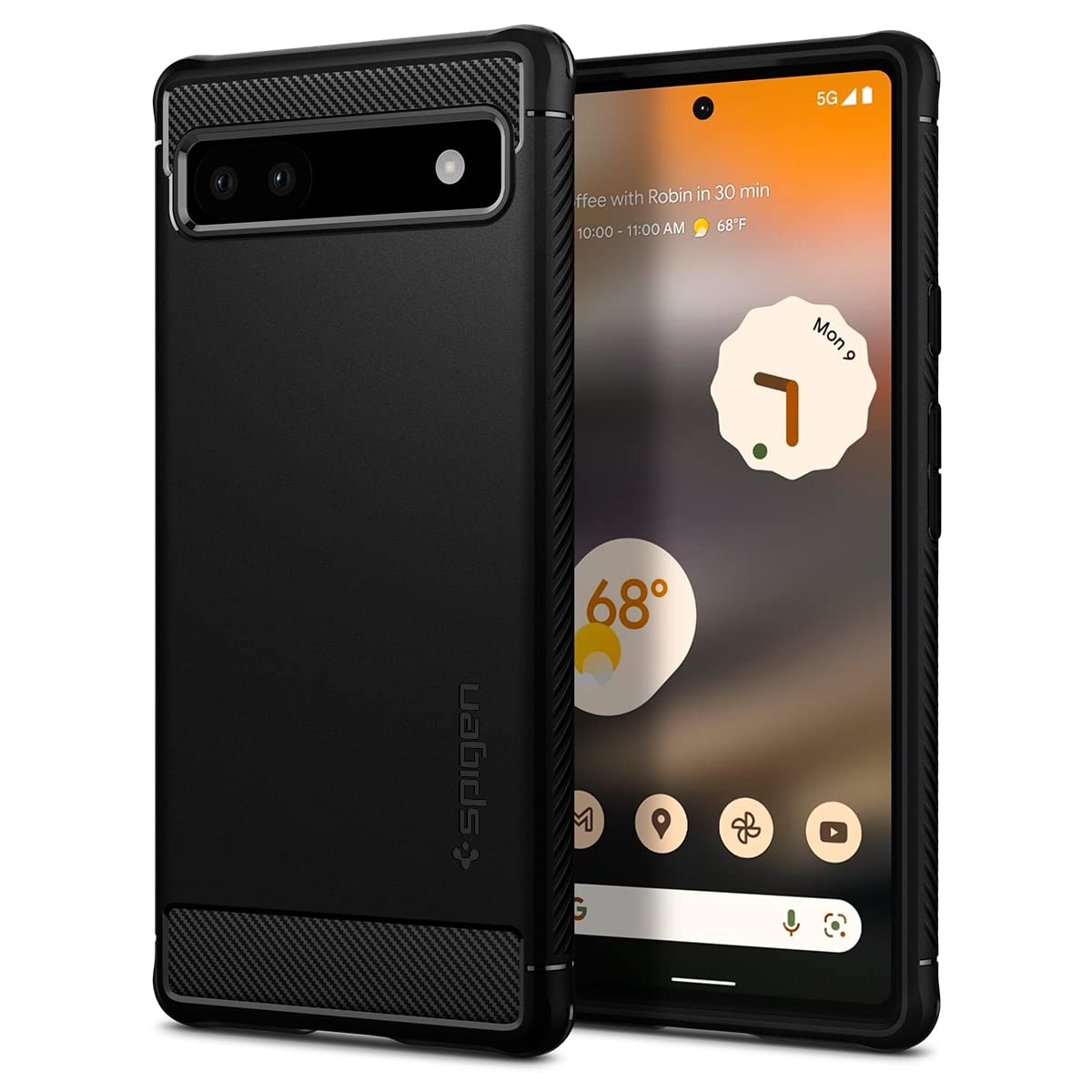 Spigen Rugged Armor Back Cover Case for Pixel 6a, Carbon Fiber Detail, Resilient Shock Absorption - TPU | Matte Black