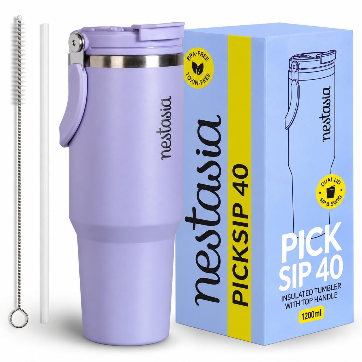 Nestasia PickSip40 Tumbler with Straw & Top Handle 1.2L | Two Sided Lid with Sip & Gulp - Leakproof & Dustproof | Insulated…