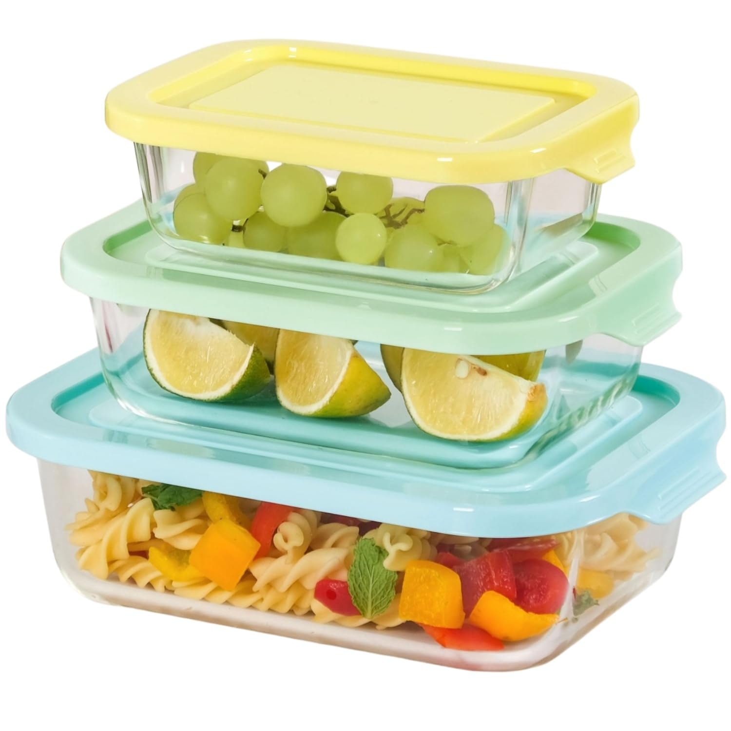 Nestasia Transparent Glass Containers with Lid Set of 3 (S-370ml, M-600ml, L-1000ml) | Borosilicate Glass Food Storage Containers for Kitche