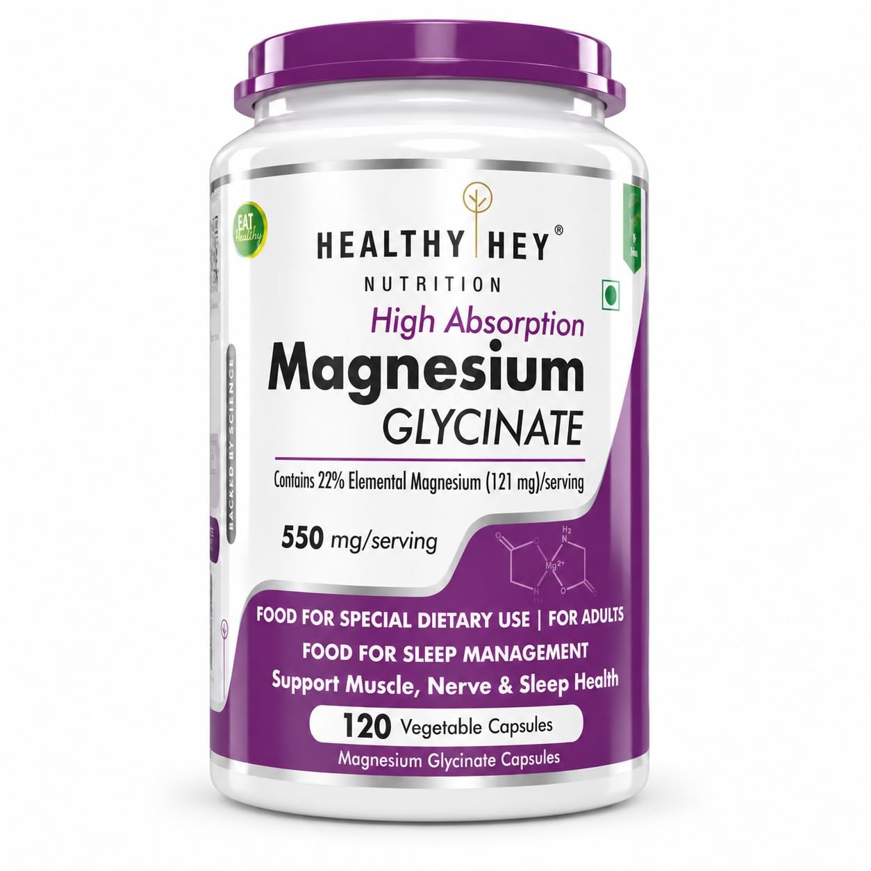 HealthyHey Nutrition Magnesium Glycinate Supplement High Absorption for Sleep, Cramps, & Nerves Health - 120 Vegetable Caps…