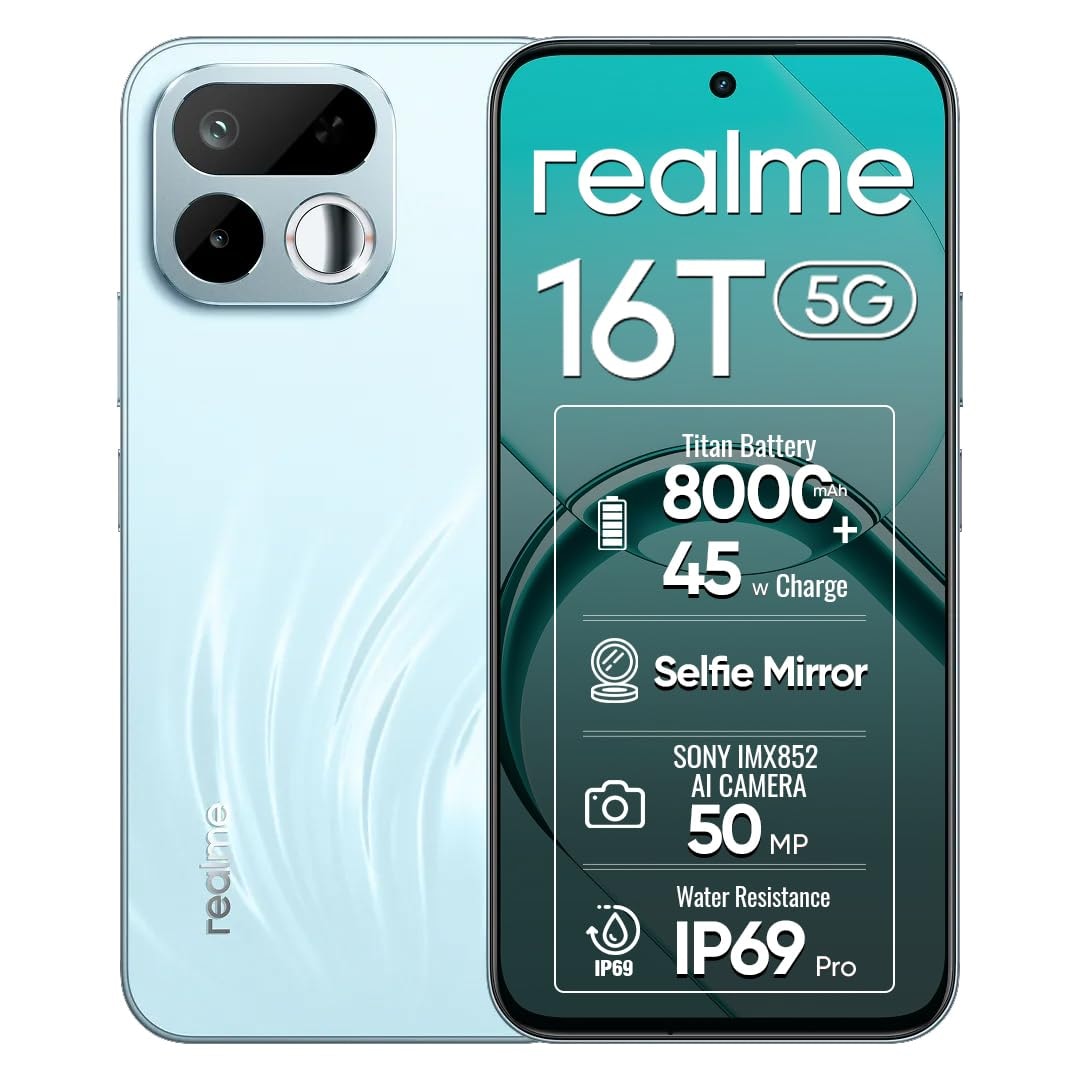 realme 16T 5G Smartphone 8+128GB Green | 8000mAh Battery, 45W Fast Charging, 6.8-inch Screen, 144Hz Display, Rear50MP+Fron...