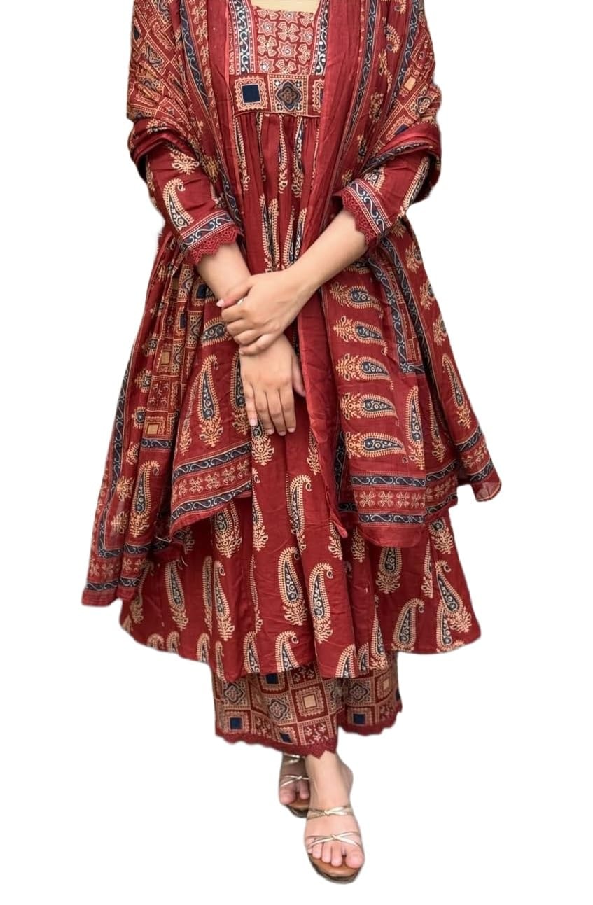 Nermosa Women's Printed Anarkali Kurta Palazzo Set with Dupatta | Kurta sets for women