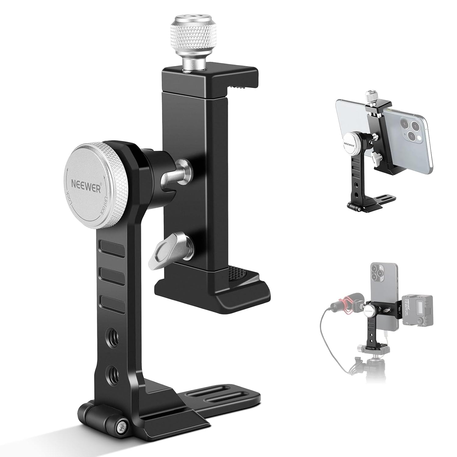NEEWER Smartphone Tripod Mount Aluminum Alloy, 360° Rotatable Phone Holder with Cold Shoe Mount and Arca Type Base Compatible with iPhone 14 Pro Max Galaxy S22 Ultra Pixel and 2.6”–4” Wide Smartphones