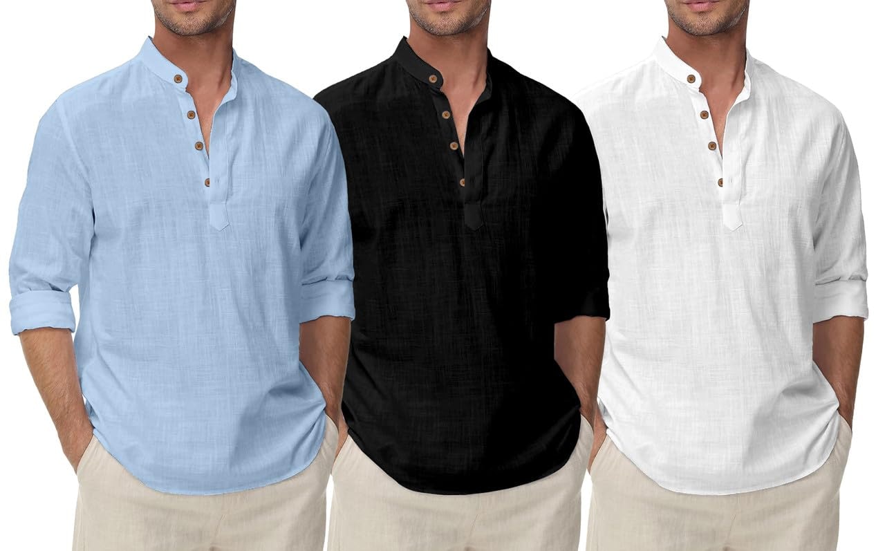 Combo Cotton Blend Mens Kurta Shirt Solid Color, Mandarin Collar Short Kurta Full Sleeve, Regular Fit Ethnic Casual Wear (Pack of 3)