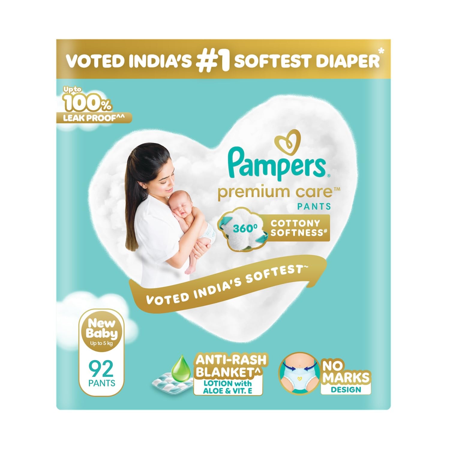 Pampers Premium Care Pant Style Baby Diapers NB 92 Count | No Marks Design | Voted India’s #1 Softest Diaper | All in 1 dia…