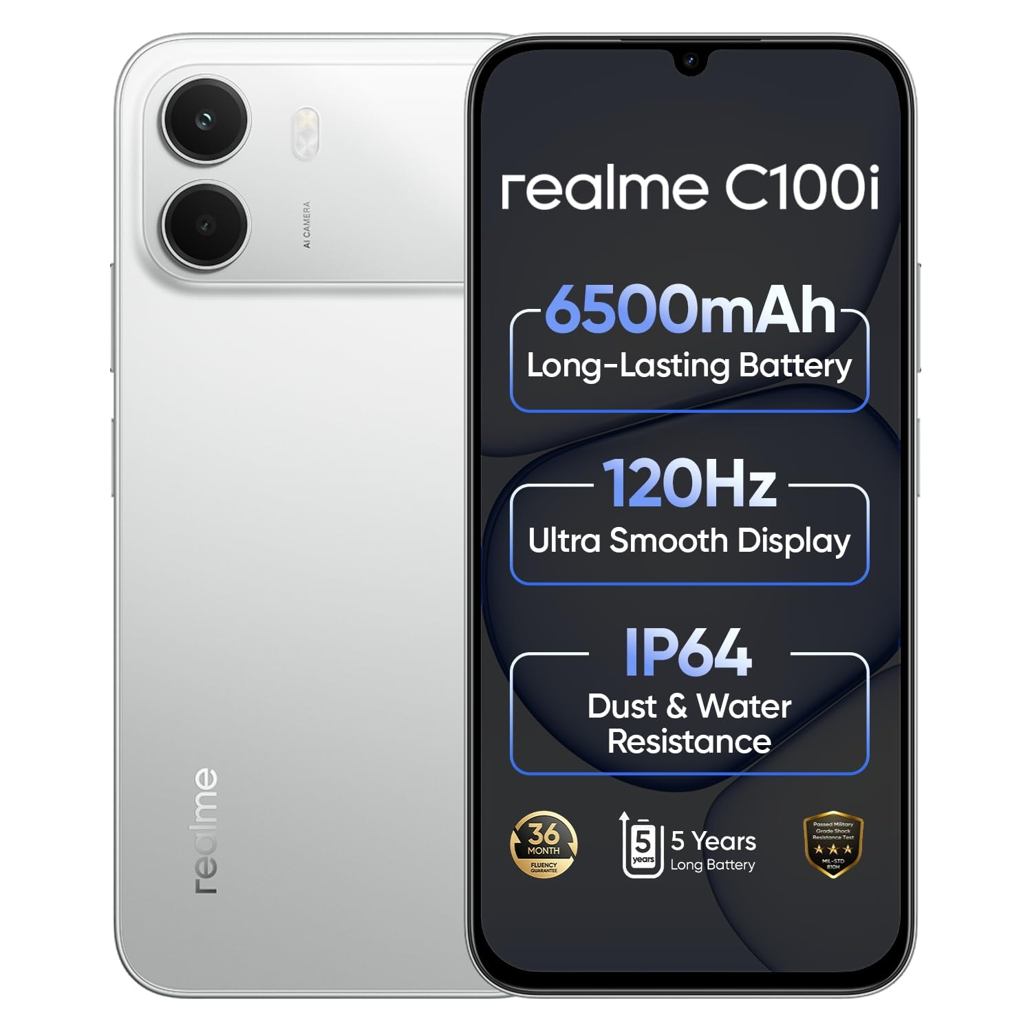 realme C100i 4G Smartphone 4+64GB Silver | 6500mAh Battery, 6.8 inch Screen, 120Hz Display, 8+5MP AI Camera, Unisoc T7250 ...