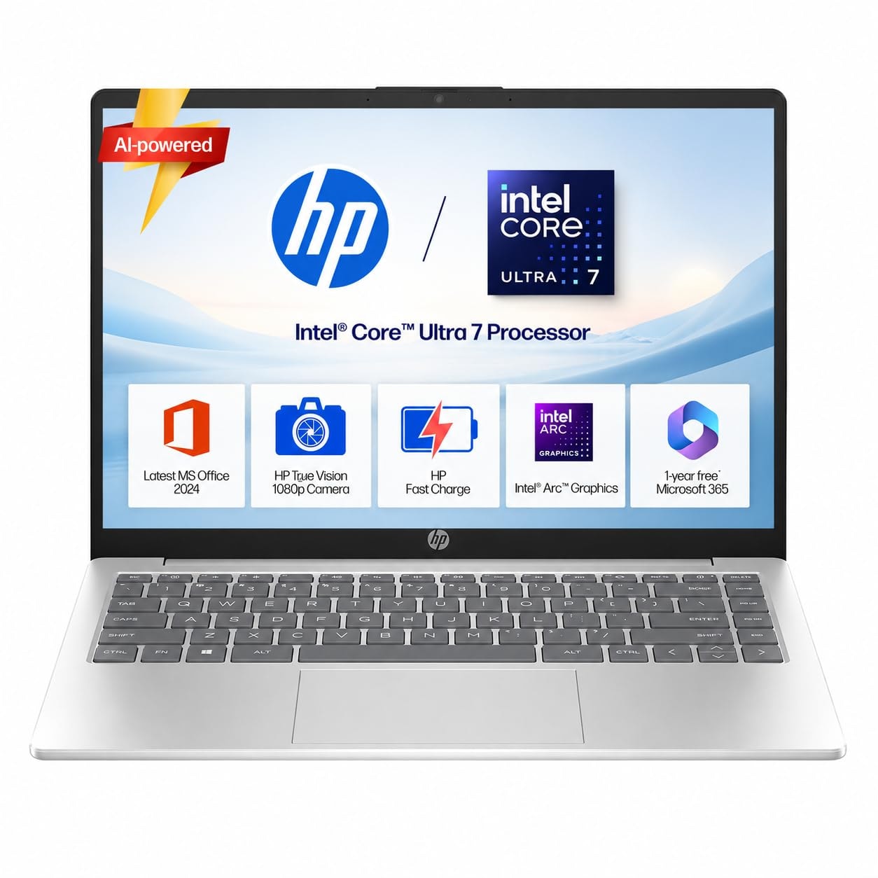 HP 14 silver laptop with an Intel Core Ultra 7 badge