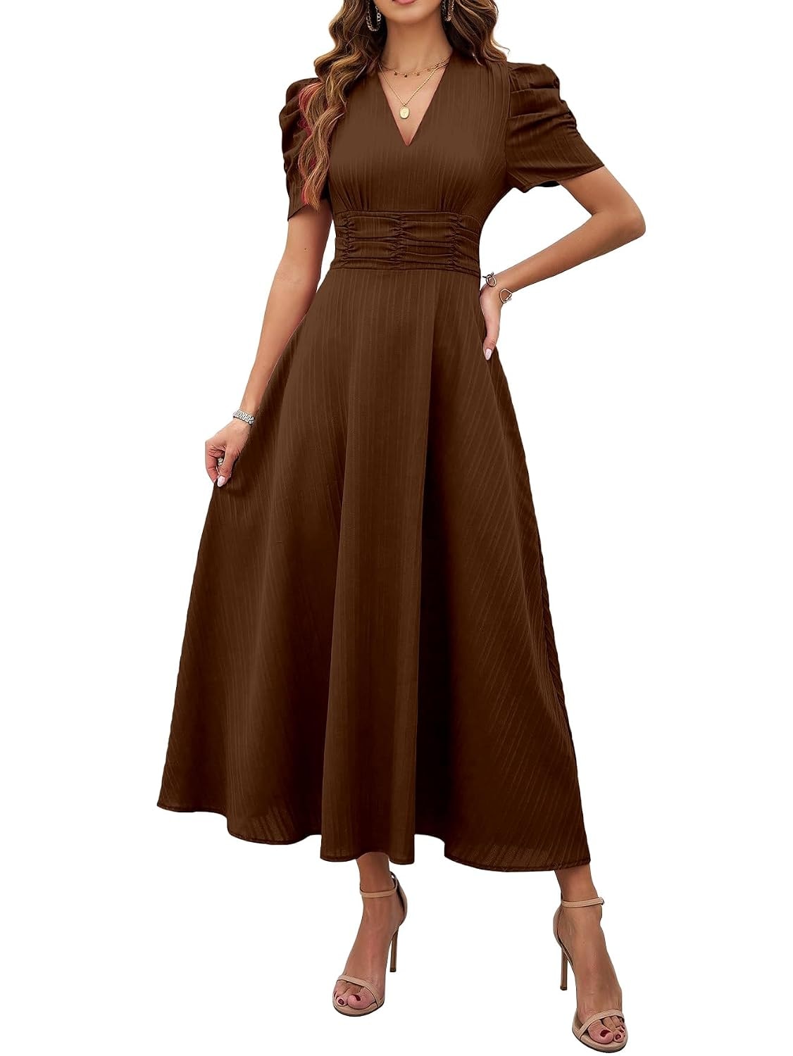 Shasmi Girl's & Women's Solid Color V-Neck A-Line Maxi Dress for Women | New Year Party Outfit | Waist Cinched Puff Sleeve …