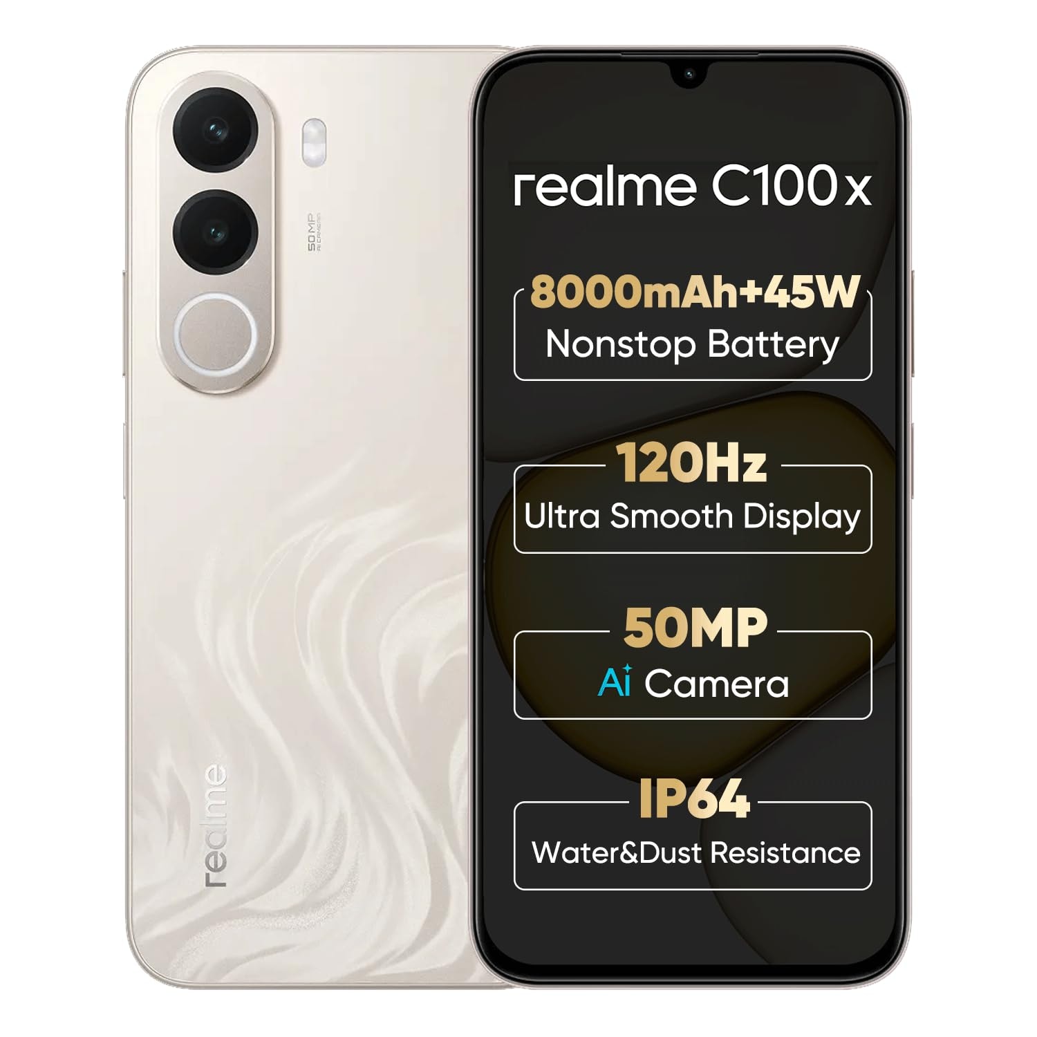 realme C100x 4G Smartphone 4+64GB Gold | 8000mAh Battery, 45W Fast Charging, 6.8-inch Screen, 120Hz Display, Rear50MP+Fron...