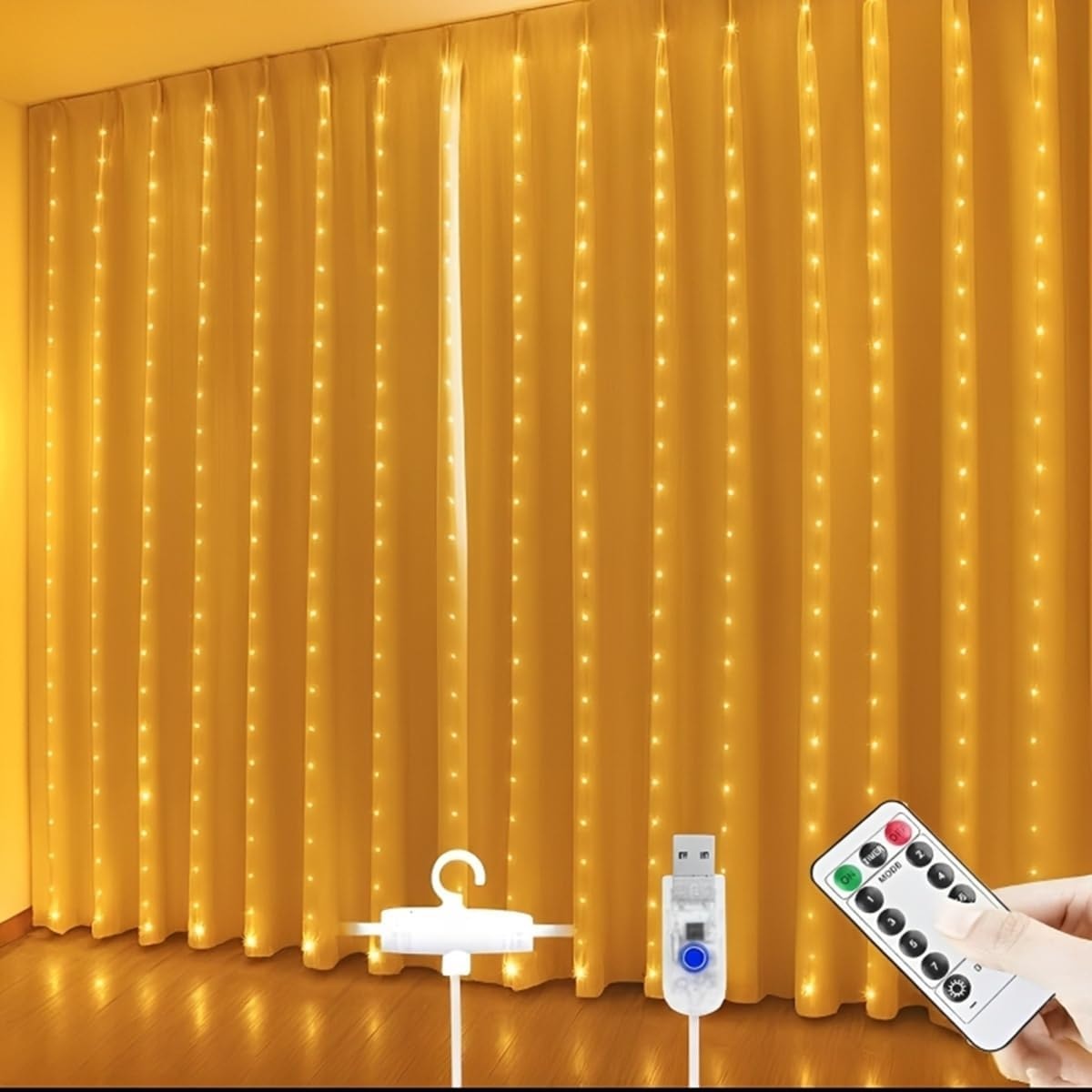 One94Store Fairy Curtain String Lights 300 LED's for Wall Decoration, Warm White USB Powered, 8 Flashing Modes, Window Back…