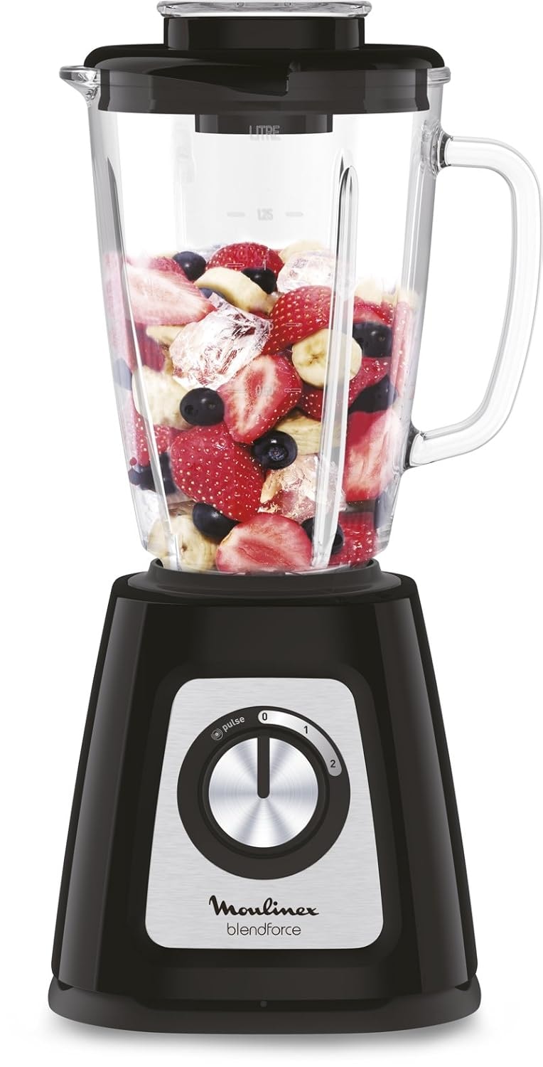 Moulinex Blendforce, Electric Mixer, Glass Bowl, 1.75 L, Power 800 W, Safe Lock, Ergonomic, Grain Mill, Smoothies, Crushed Ice, Blendforce, Black LM430810
