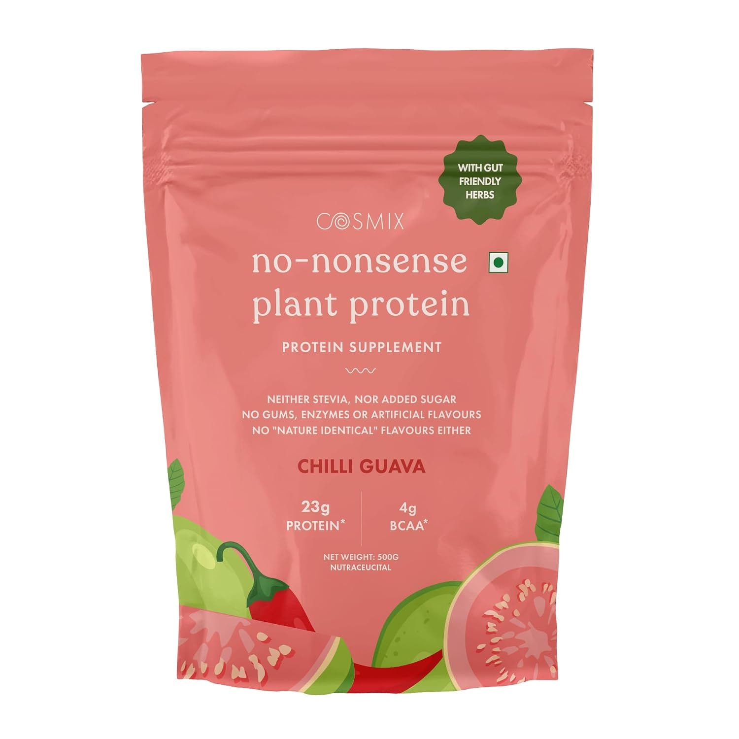 Cosmix No-Nonsense Plant Protein- 500gm | 23g Plant Protein/Serve| Chilli Guava | Clean Vegan Protein |Gut-Friendly| Easy t…