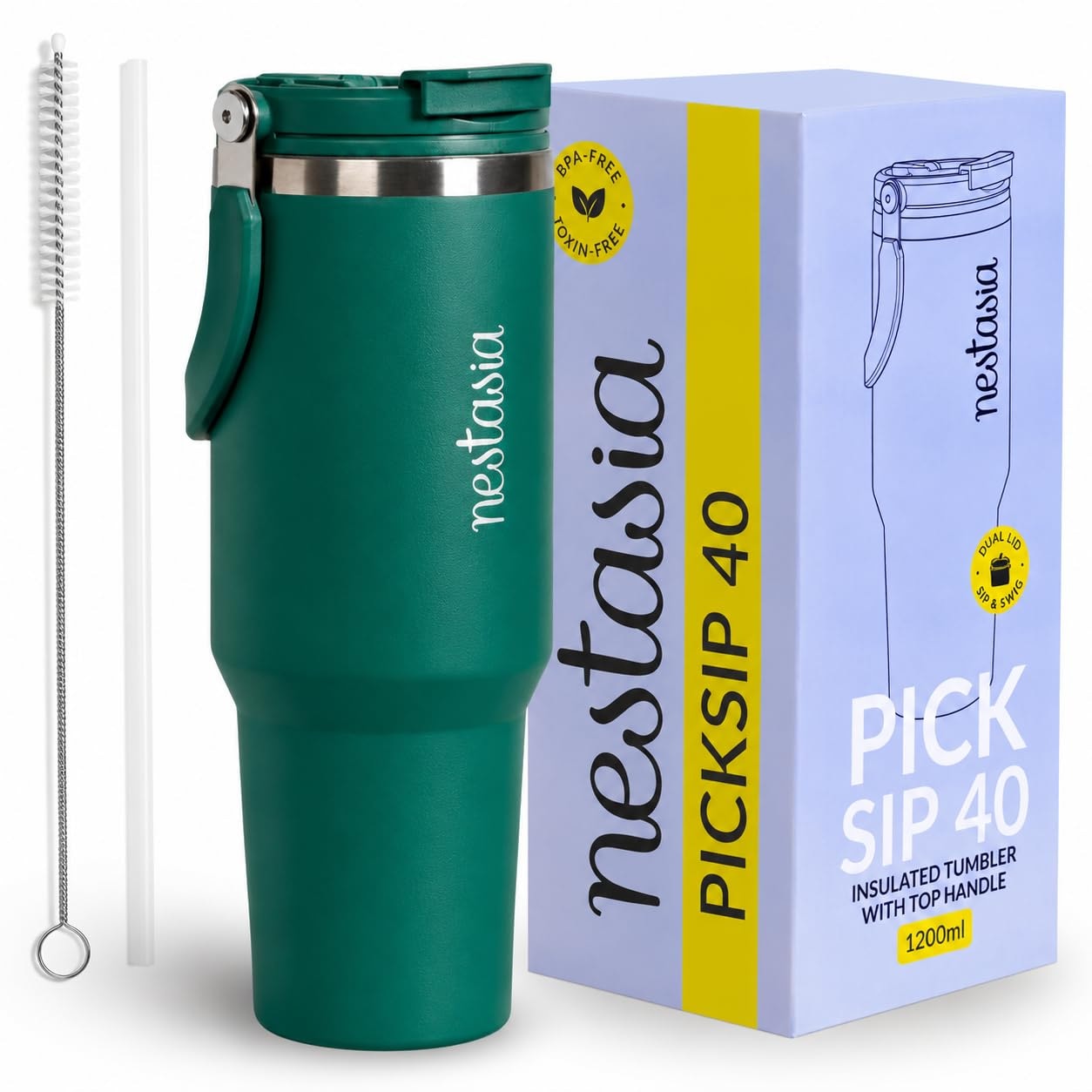 Nestasia PickSip40 Tumbler 1.2L with Dustproof Two Sided Lid with Straw for Sip & Gulp | Leakproof & Insulated Stainless St…