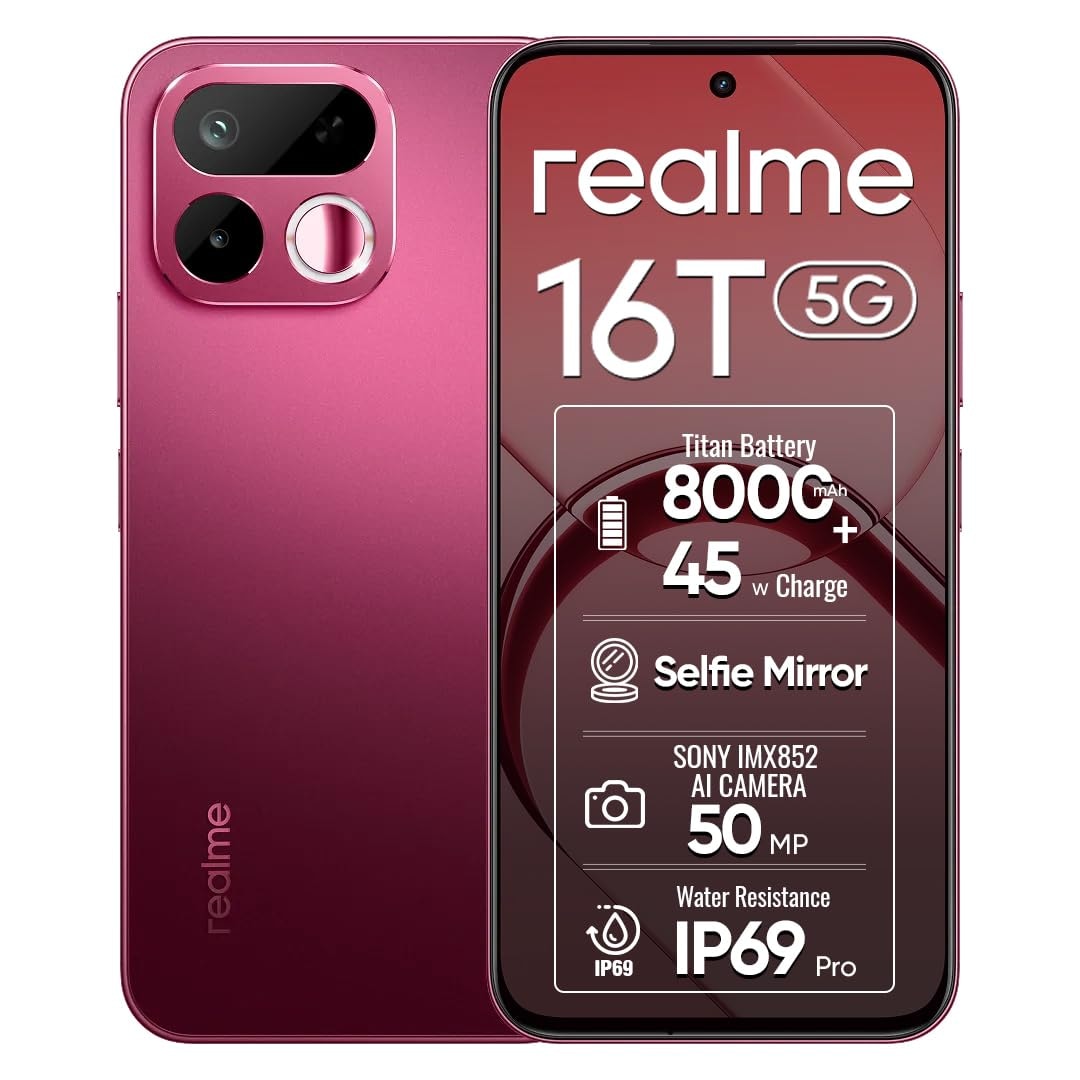 realme 16T 5G Smartphone 8+128GB Red | 8000mAh Battery, 45W Fast Charging, 6.8-inch Screen, 144Hz Display, Rear50MP+Front1...