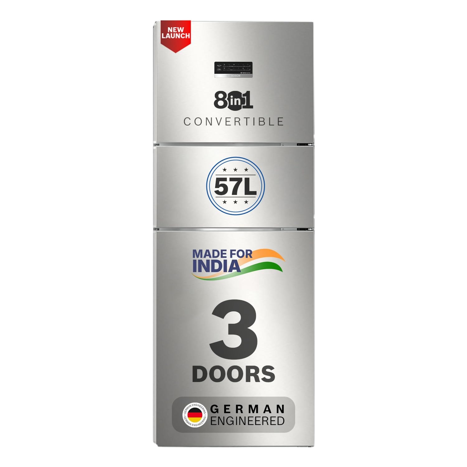 Bosch 302L, 3 Star, MaxFlex Convert Frost Free Triple Door Refrigerator | 8-in-1 Convertible Storage Modes | 57L Extra Convertible Zone | Cool Extend up to 18 hours (CMC33S03NI, Fine Steel)