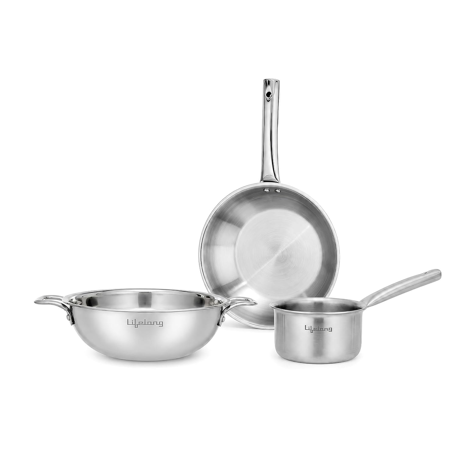 Lifelong Triply 3-piece cookware Set | Kadai, Frypan & Saucepan for Cooking | Stainless Steel 22 cm Kadai & Fry Pan 22 cm |…