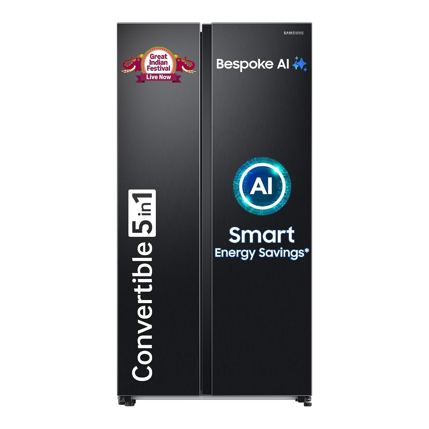 Samsung 653 L, 3 Star, Frost Free, Double Door, Convertible 5-in-1 Digital Inverter, Side By Side AI Enabled Smart Refrigerator with WiFi (RS76CG8003B1HL, Black Matte/Black DOI)