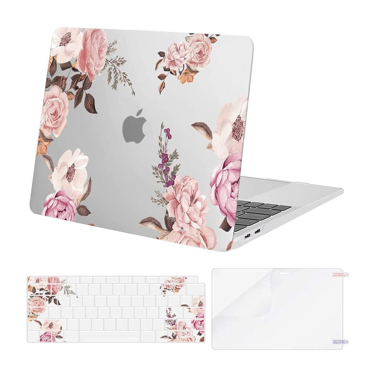 MOSISO Compatible with MacBook Air 13 inch Case 2022 2021 2020 2019 2018 Release A2337 M1 A2179 A1932, Plastic Peony Hard Shell&Keyboard Cover&Screen Protector for MacBook Air 13.3 inch, Transparent
