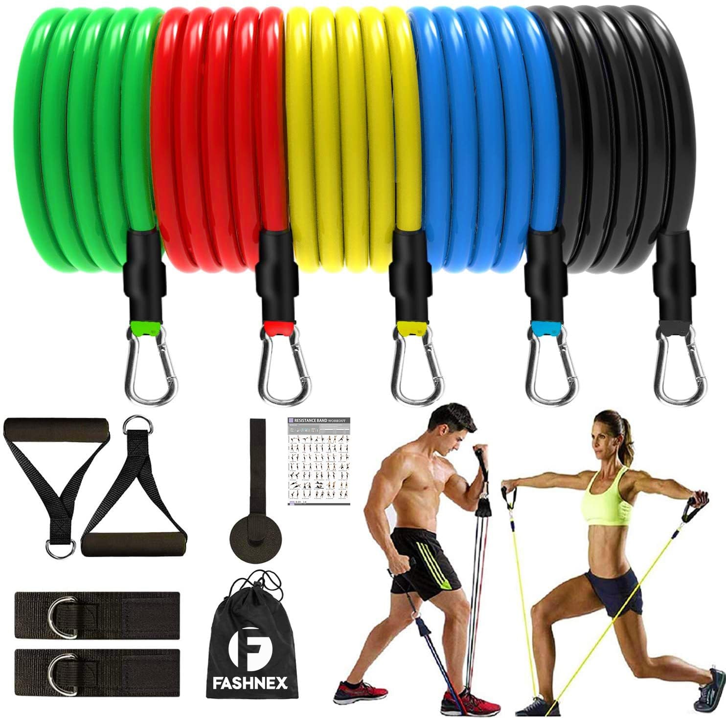 Fashnex Resistance Bands Set for Exercise, Stretching and Workout Toning Tube Kit with Foam Handles, Door Anchor, Ankle Strap and Carry Bag 