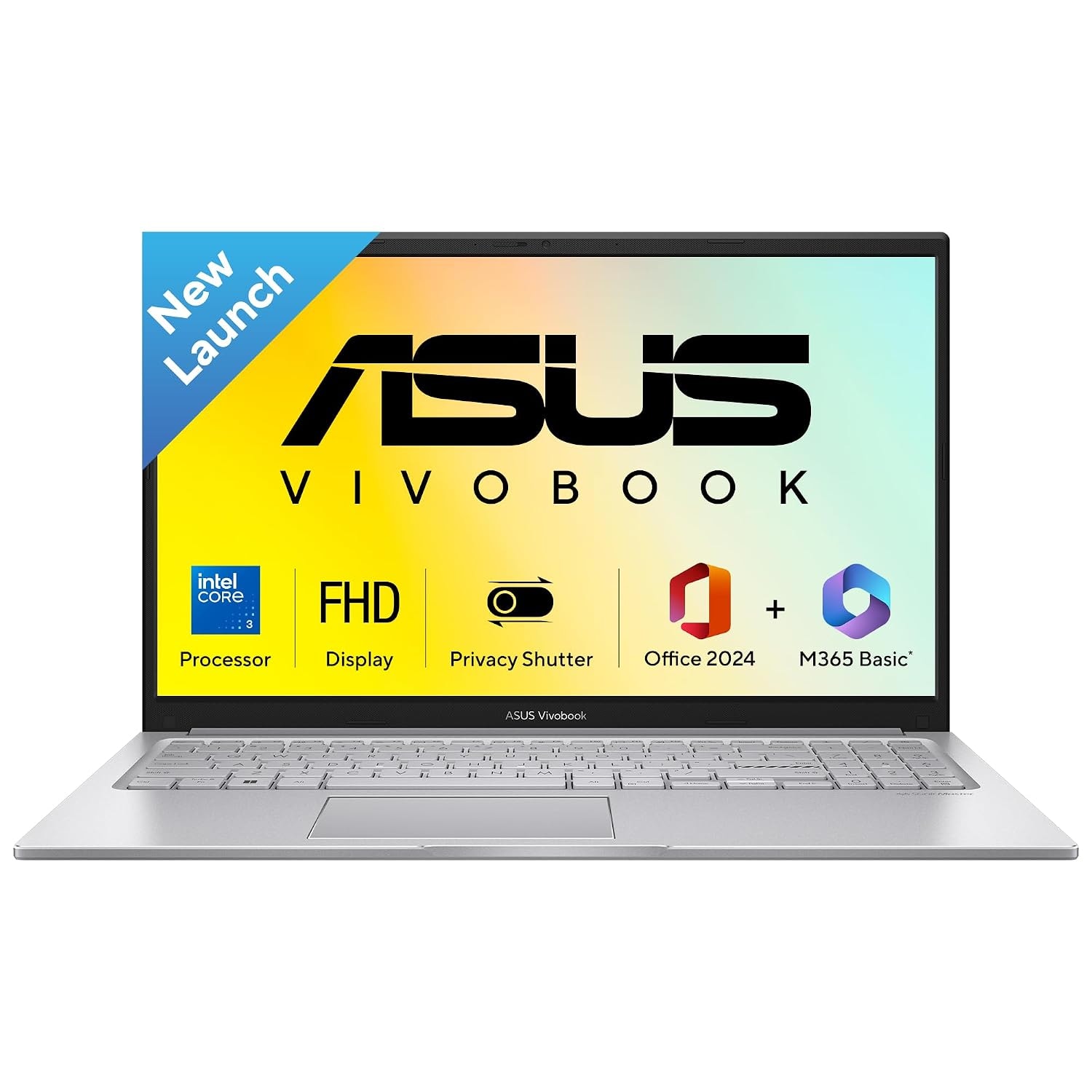 ASUS Vivobook 15 silver laptop with an Intel Core 3 badge on the screen