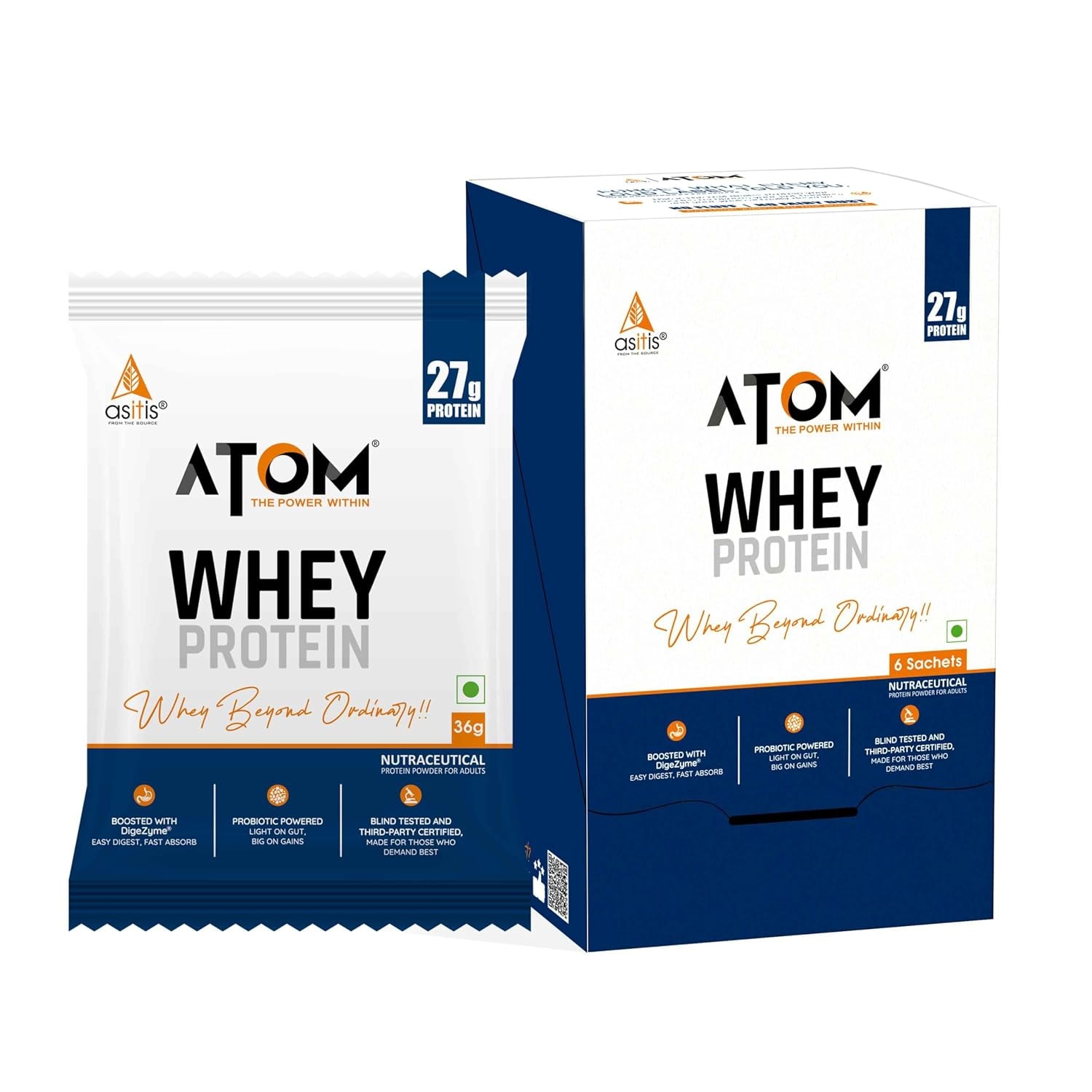AS-IT-IS ATOM Whey Protein - Isolate & Concentrate Blend I 27g Protein, DigeZyme & Probiotics, Light on Gut, Big on Gains, …