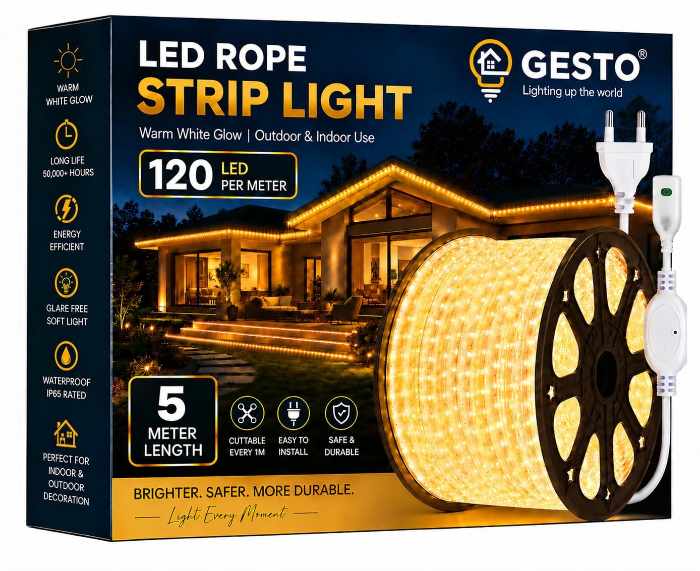 Gesto 5 Meter Warm White LED Rope Strip Light | 120 LEDs/Mtr IP65 Waterproof Indoor & Outdoor Lights for Balcony, Home Deco…