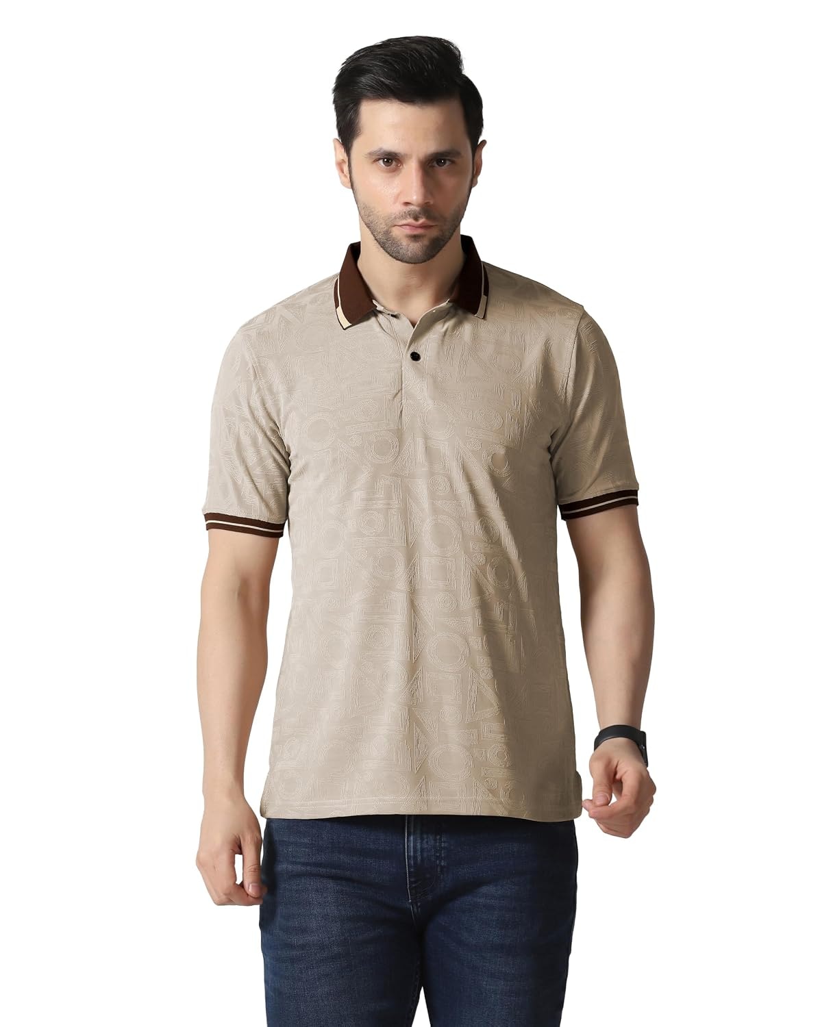 TOPLOT Men's Premium Jacquard Polo T-Shirt | Geometric Textured Design | Contrast Collar & Cuffs | Soft Breathable | Perfect for Office & Casual Wear | Available in Pack of 2 (5281)