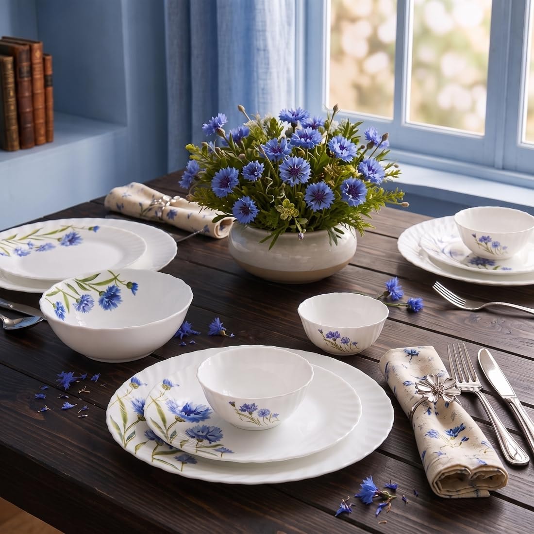 La Opala Novo Opalware Dinner Set, 35 Pcs for Family of 6, Floral Fountain | Microwave & Dishwasher Safe, Bone-Ash Free, Cr…
