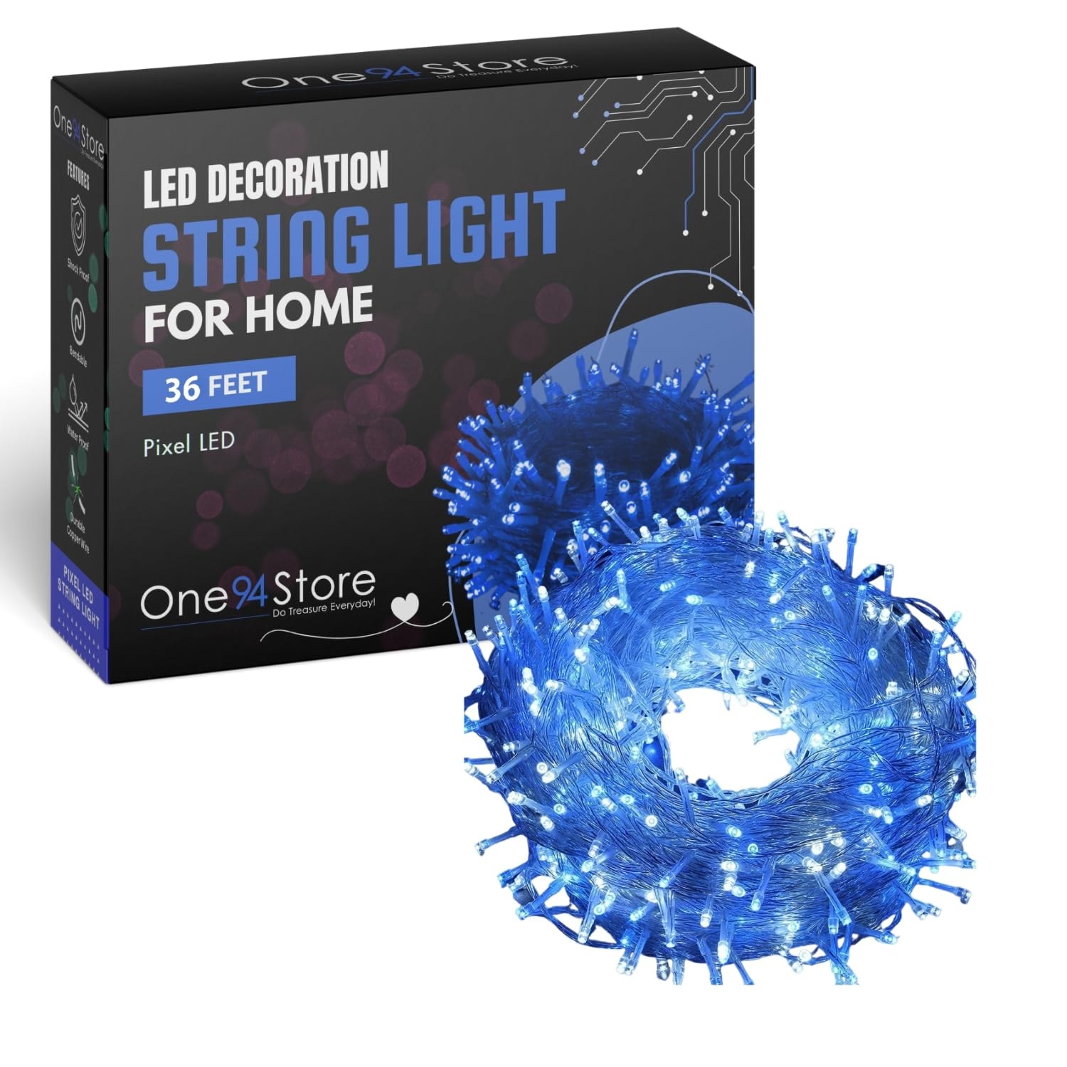 One94Store LED Pixel String Light Pack of 1 – 36 Ft Copper Wire Fairy Lights, Bright Blue Decorative Lights for Diwali Deco…