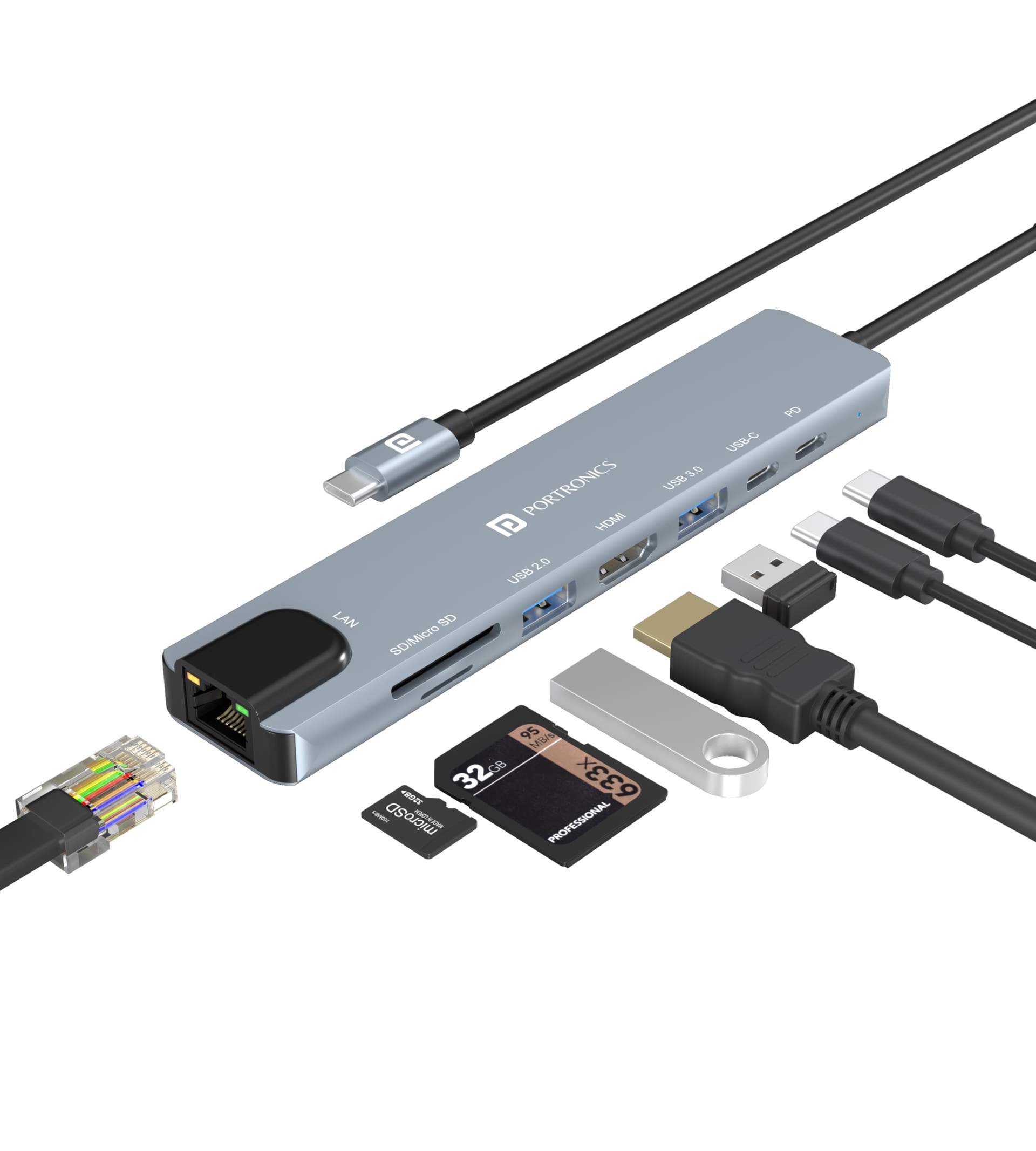 Portronics Mport 8 USB-C USB Hub/Docking Station(8-in-1) with 4K 30Hz HDMI, 100 Mbps Ethernet, USB 3.0, microSD/SD Card Reader, Type-C Data,