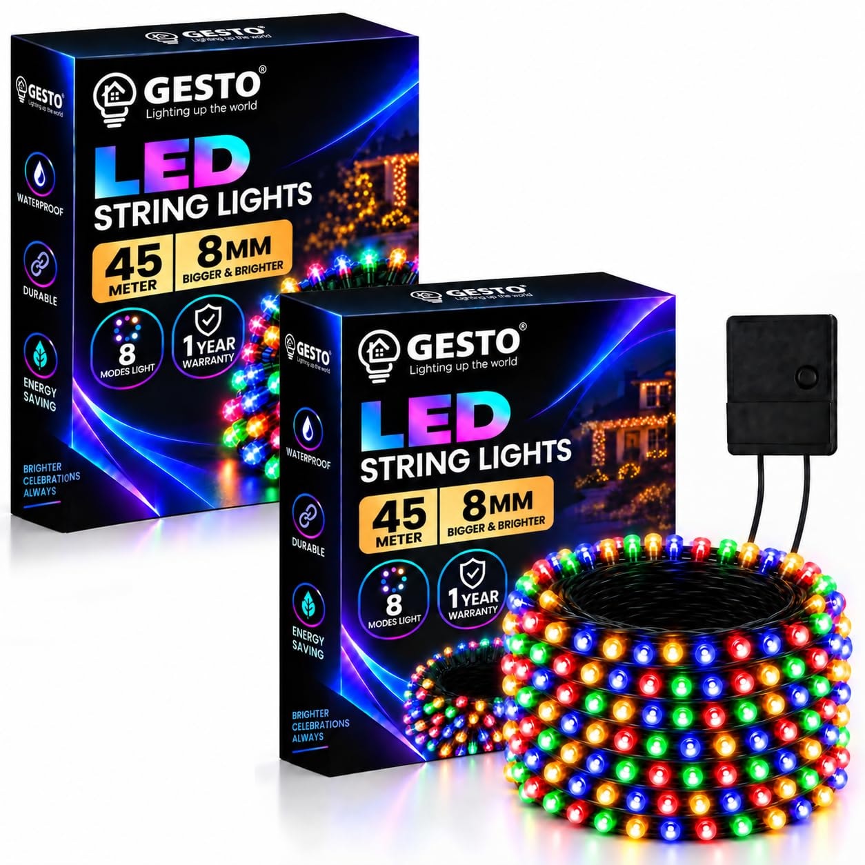 Gesto 45 Meter LED String Lights –Multicolor 8mm Big Led Fairy Lights for Decoration with 8 Modes | 360° Glow Waterproof Li…