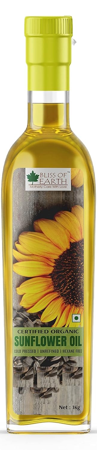 Bliss of Earth Certified Organic Sunflower Oil 1 Ltr For Cooking, Cold Pressed, Hexane Free