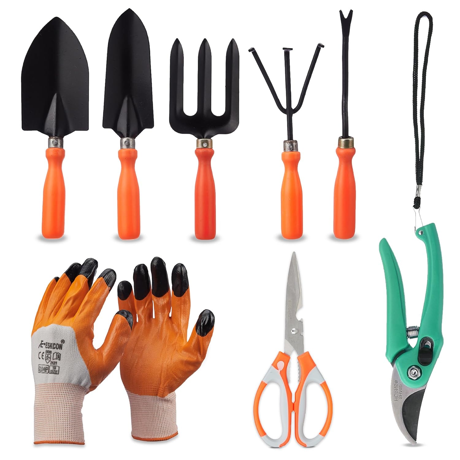 Amazon Brand - Solimo 8-Piece Gardening Tool Kit | Cultivator, Fork, Trowels, Weeder, Garden Gloves, Pruner Cutter, and Sci…