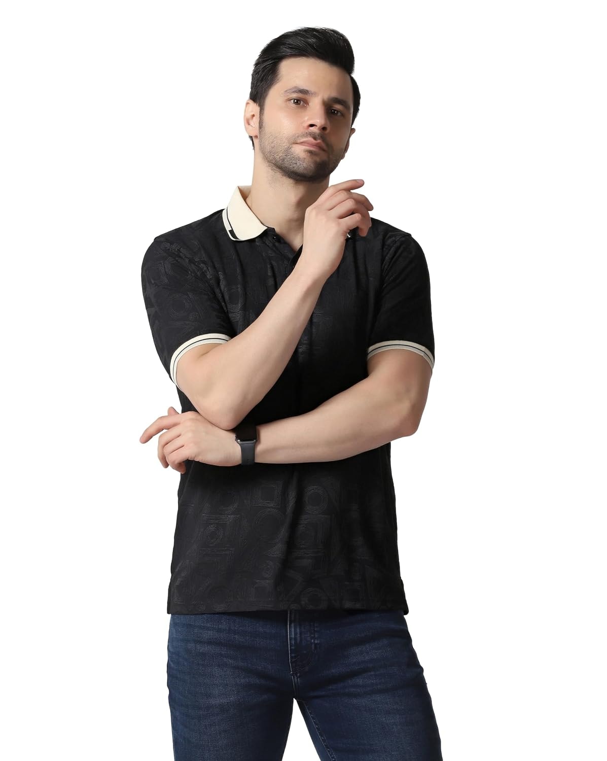 TOPLOT Men's Premium Jacquard Polo T-Shirt | Geometric Textured Design | Contrast Collar & Cuffs | Soft Breathable | Perfect for Office & Casual Wear | Available in Pack of 2 (5281)