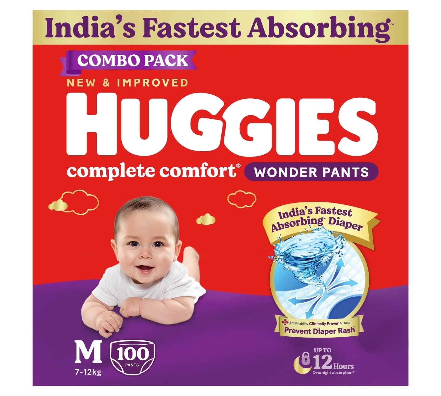 Huggies Complete Comfort Wonder Pants | Pant Style Baby Diapers Medium Size (M), 100 Count | India's Fastest Absorbing Diap…