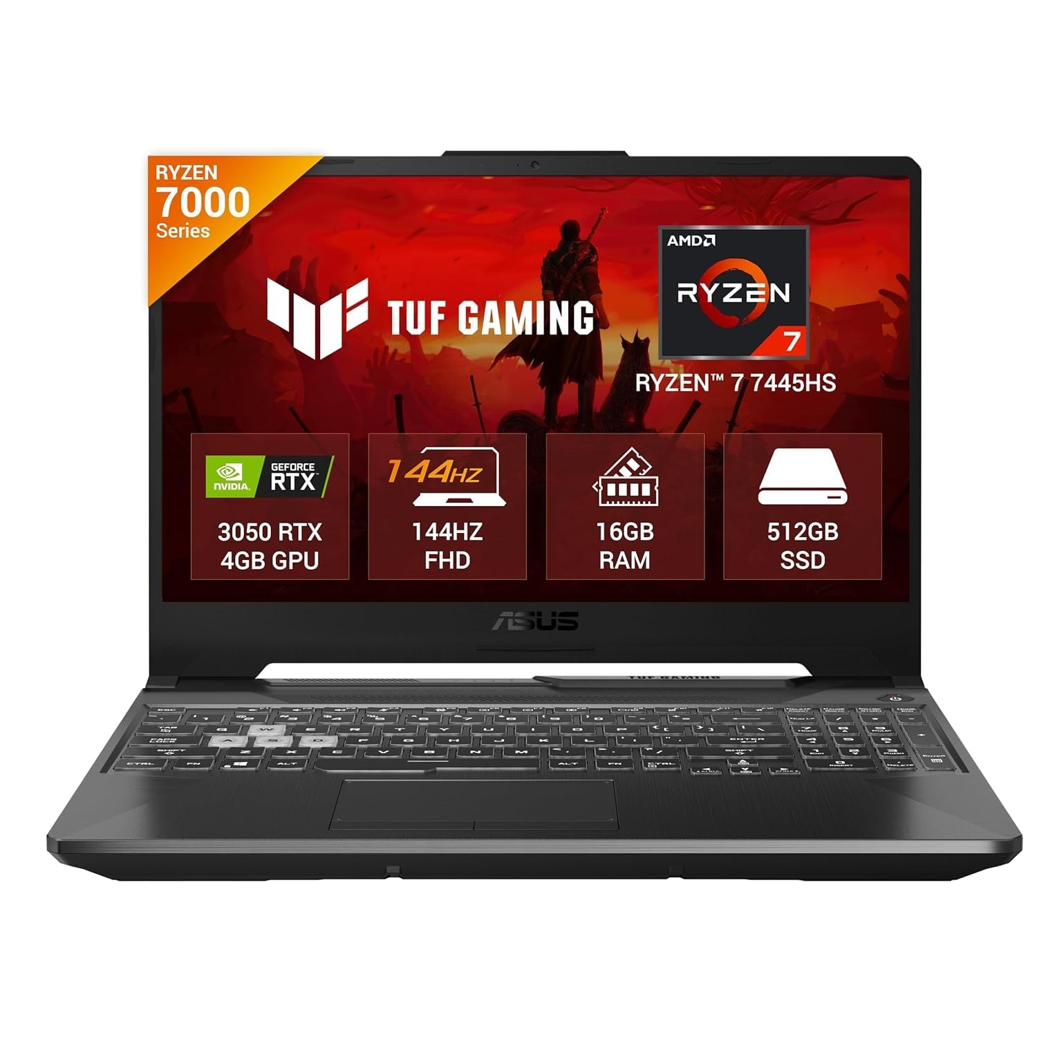 ASUS TUF Gaming A15 black laptop showing Ryzen 7 7445HS and RTX 3050
