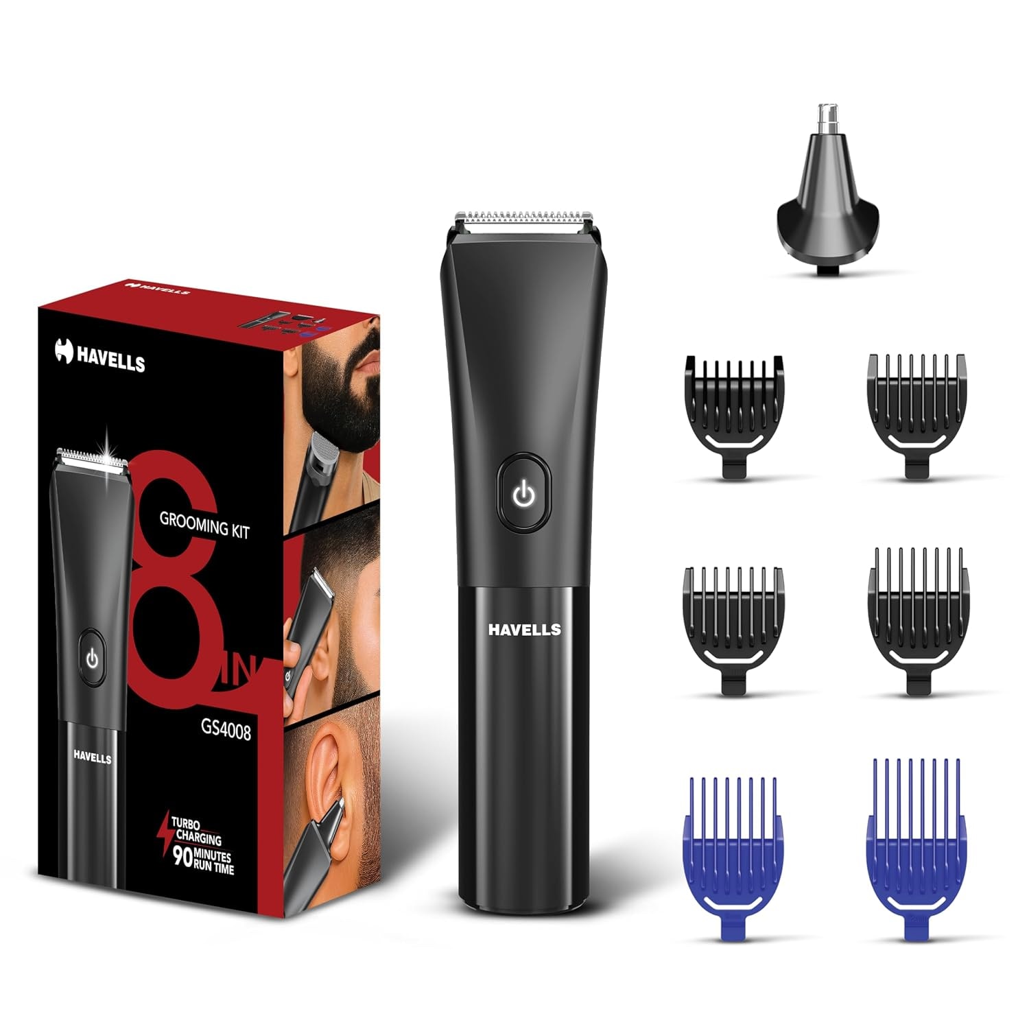 Havells 8 in 1 Grooming Kit |2-in-1 Special Blade|Nose & Ear Attachment|4 Beard & 2 Hair Combs|Type C Turbo Charge|No Nicks…
