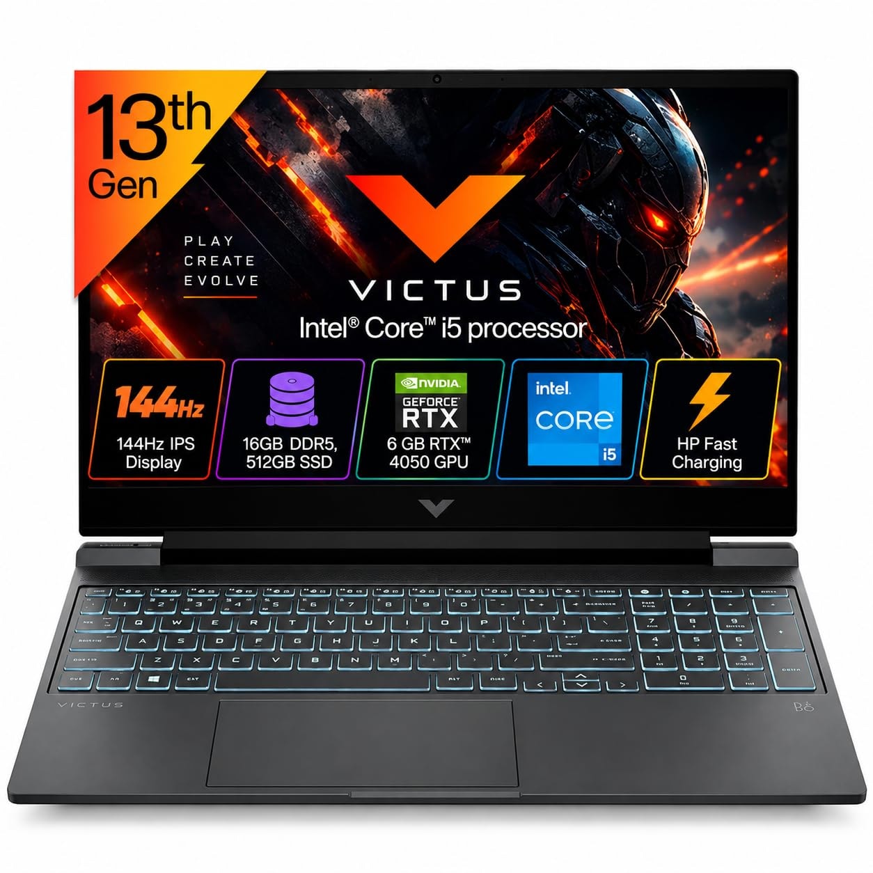 HP Victus Gaming Laptop, 13th Gen Intel Core i5-13450HX, 6GB RTX 4050 GPU, 15.6-inch (39.6 cm), FHD, IPS, 144Hz, 300 nits, 16GB DDR5, 512GB SSD, RGB Backlit KB, B&O (Silver, 2.29 kg), fa2650TX
