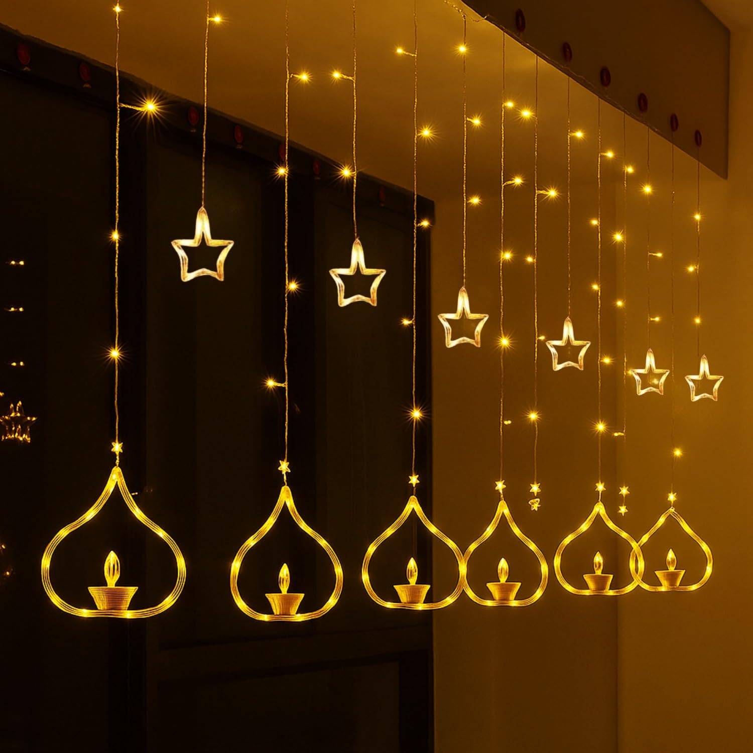 One94Store Deep Diya Curtain Decorative LED String Lights – 3 Meter Warm White Plug-in Lights with 108 LEDs, 6+6 Diya Desig…